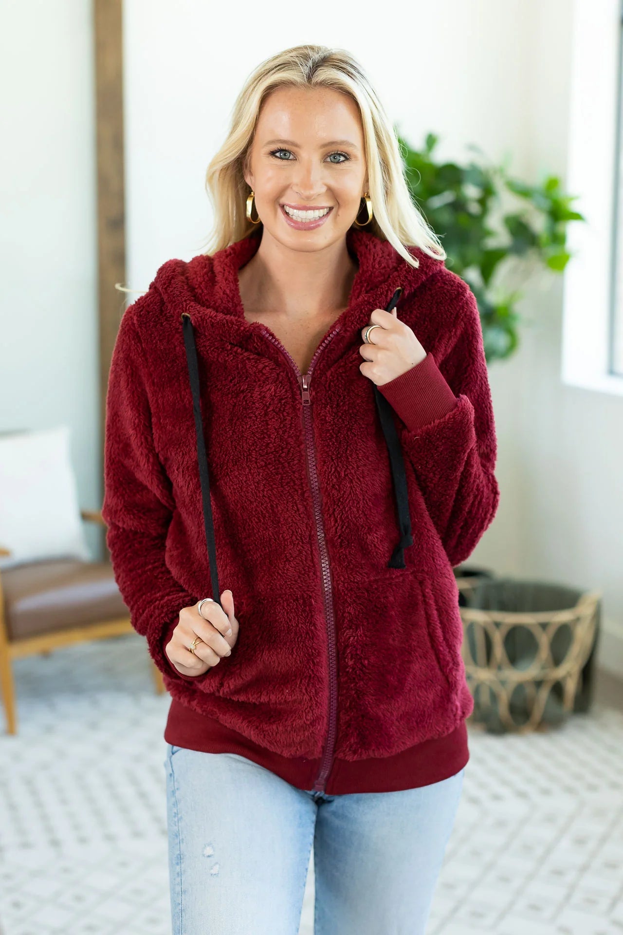 PREBOOK Teddy Sherpa FullZip Hoodie - Burgundy