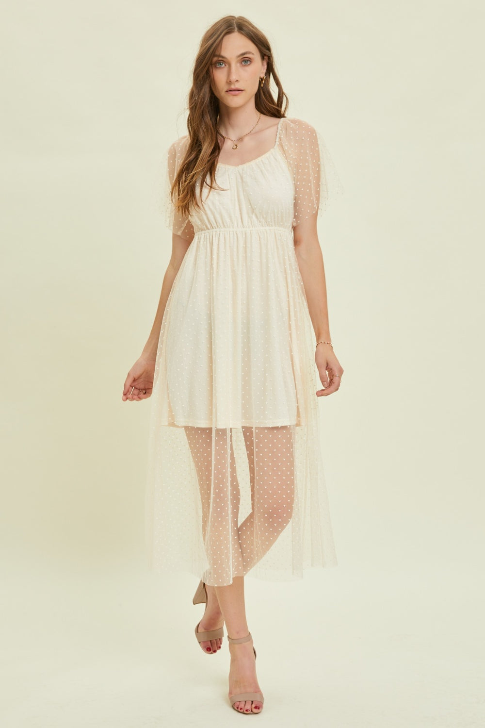 HEYSON Heart Mesh Flare Sleeve Midi Dress