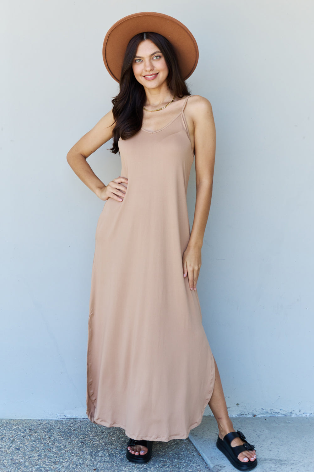 Ninexis Good Energy Cami Side Slit Maxi Dress in Camel