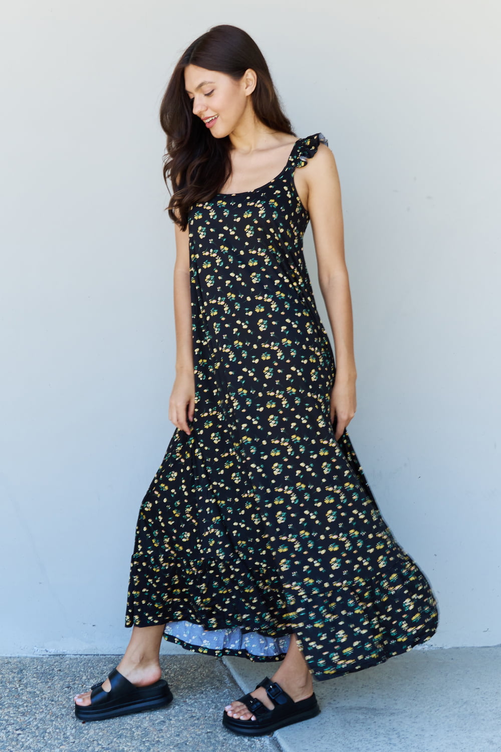Doublju In The Garden Ruffle Floral Maxi Dress in Black Yellow Floral