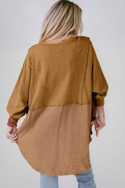 Contrast Texture Round Neck Long Sleeve Blouse