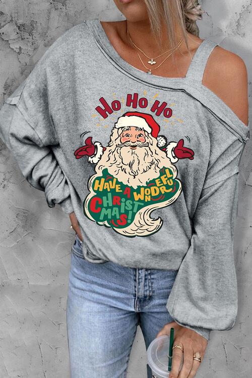Santa Graphic Asymmetrical Neck Long Sleeve Top