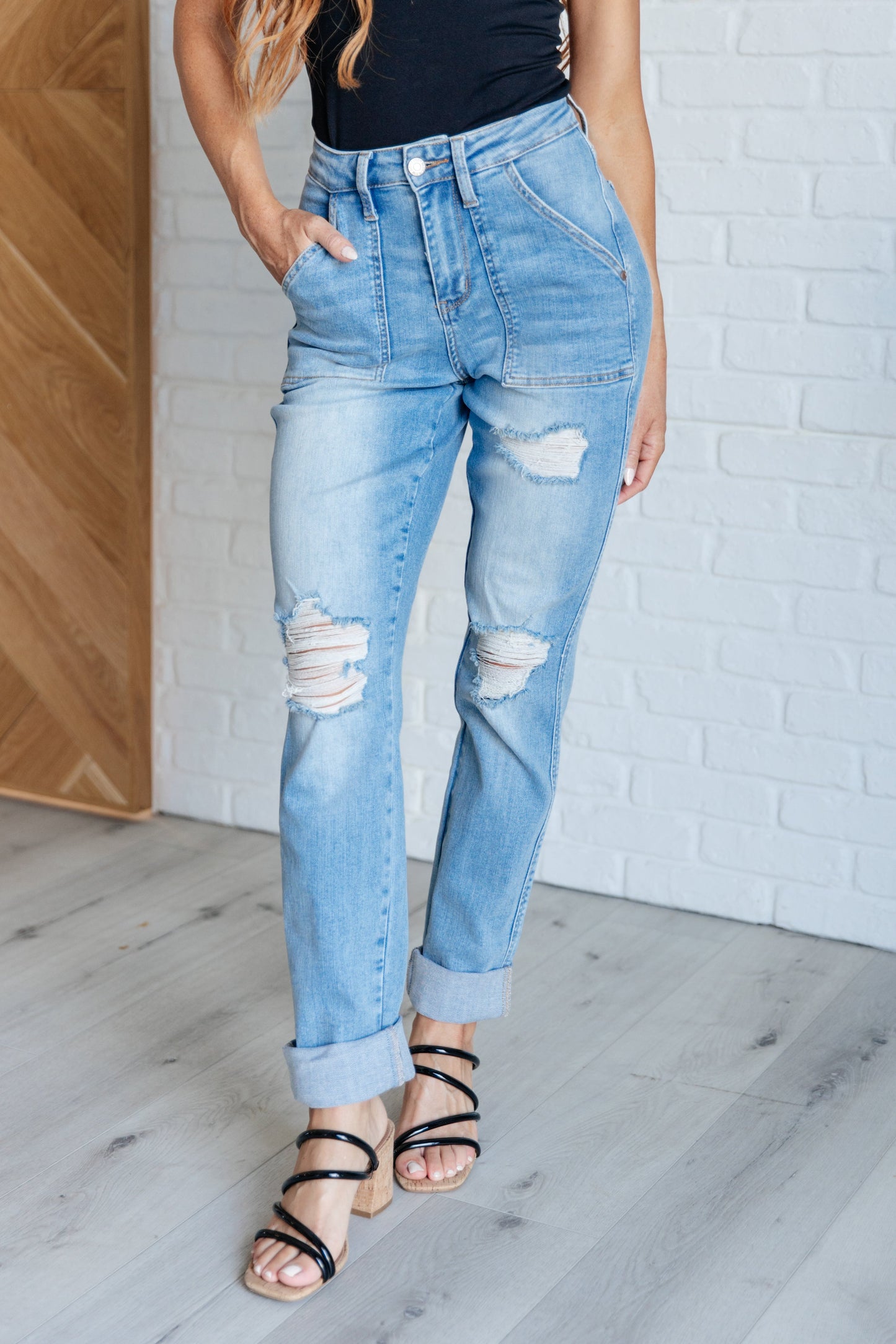 Aiden High Rise Patch Pocket Distressed Boyfriend Jeans - KD Lane