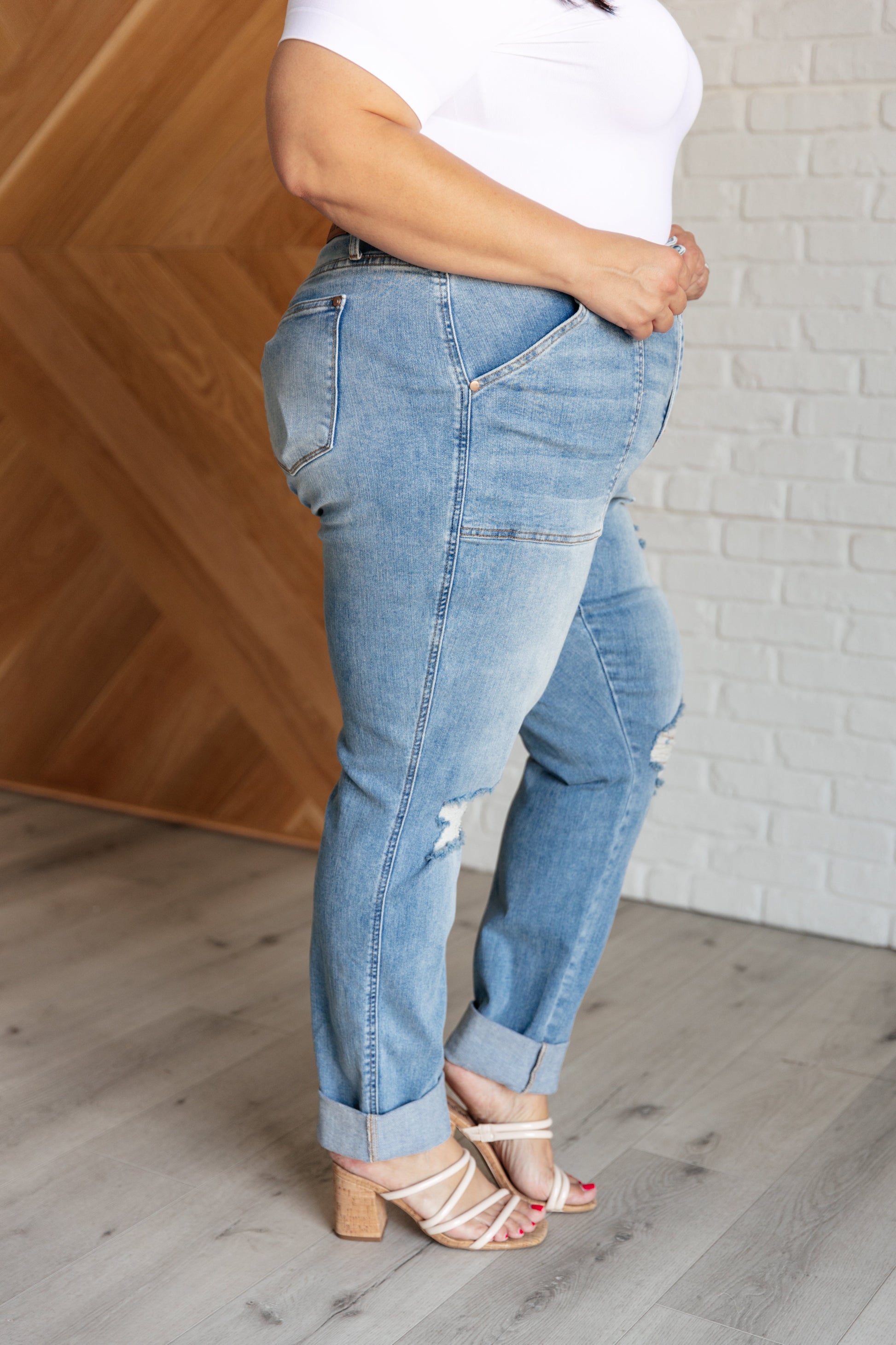 Aiden High Rise Patch Pocket Distressed Boyfriend Jeans - KD Lane