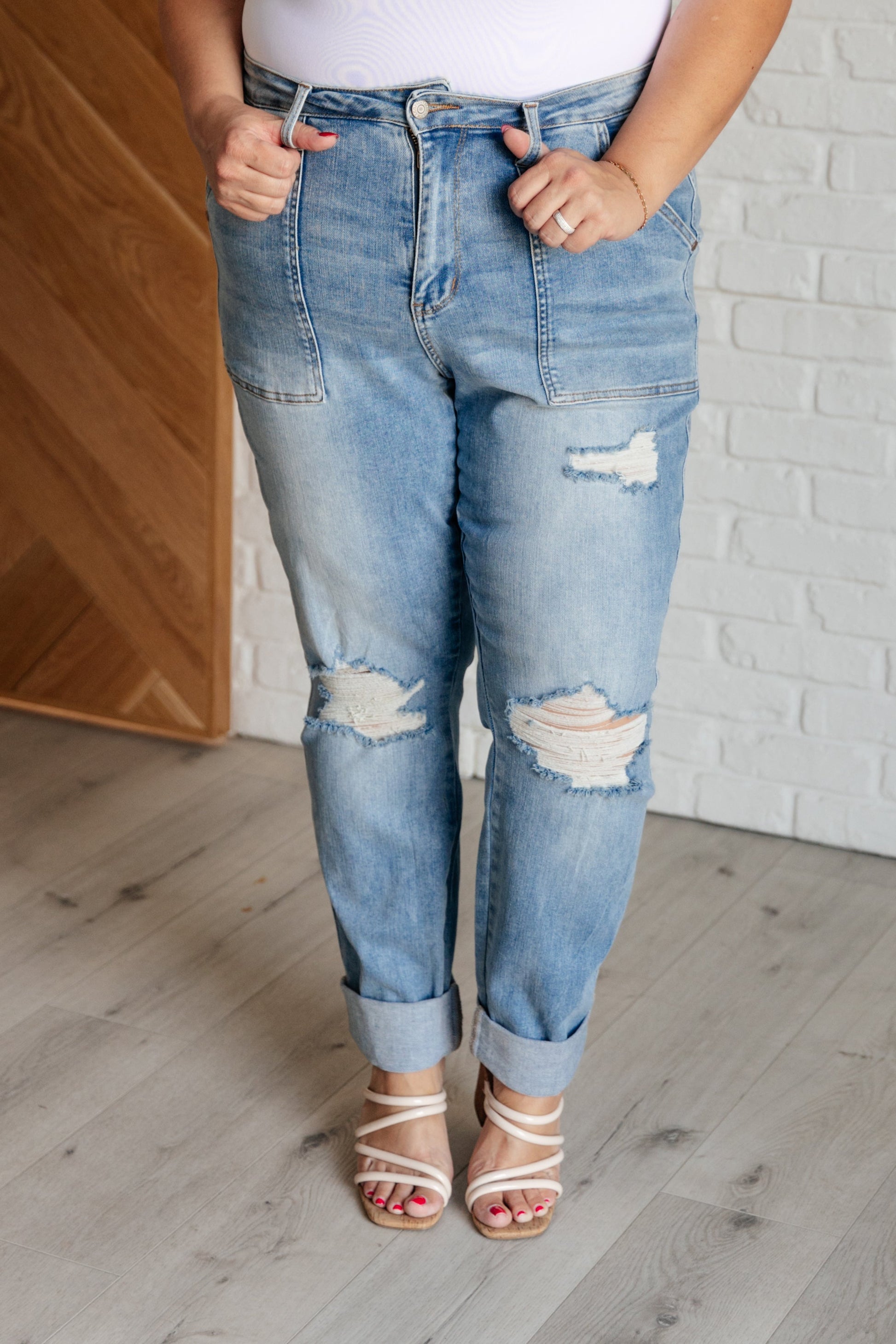Aiden High Rise Patch Pocket Distressed Boyfriend Jeans - KD Lane