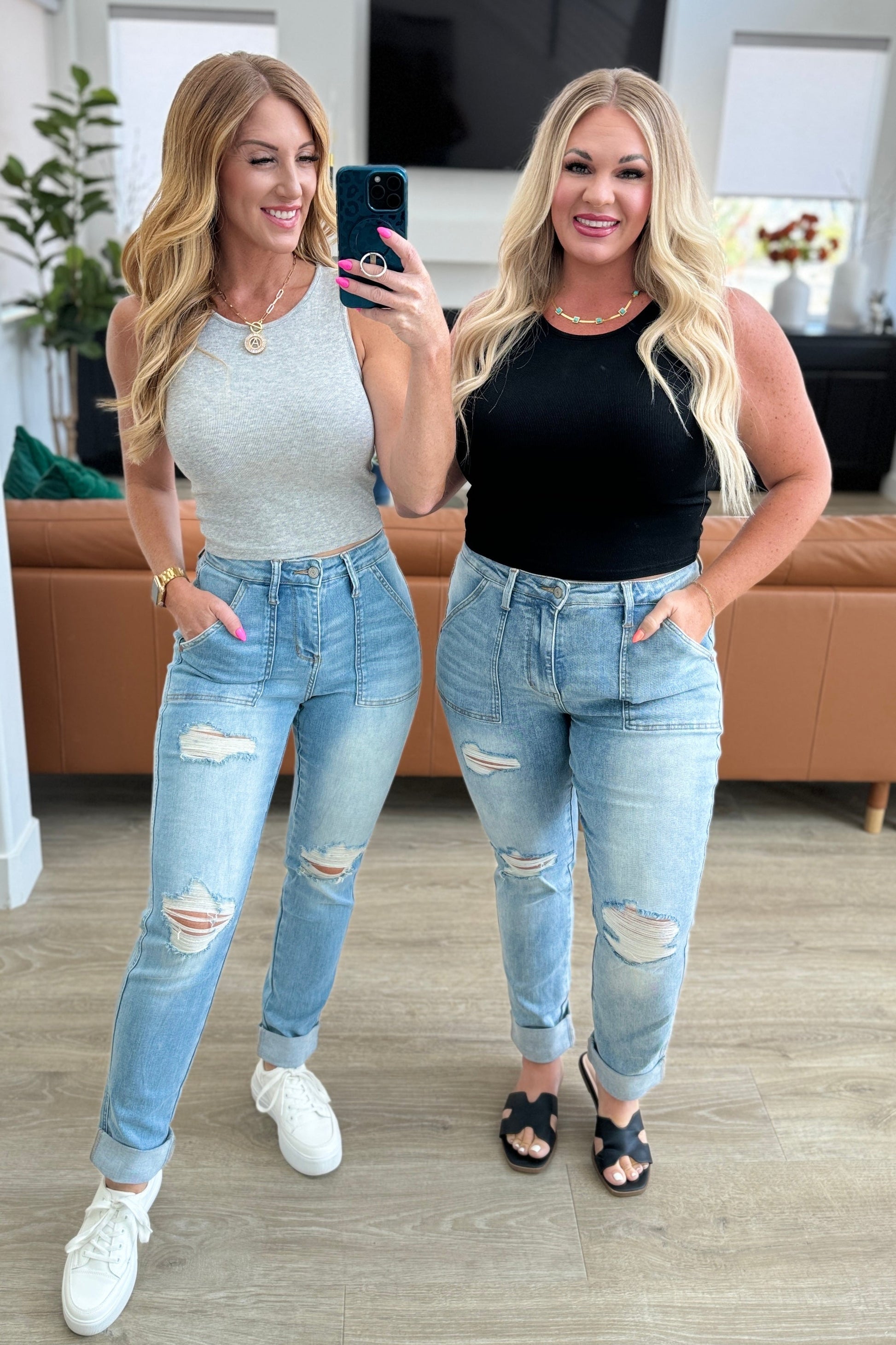 Aiden High Rise Patch Pocket Distressed Boyfriend Jeans - KD Lane