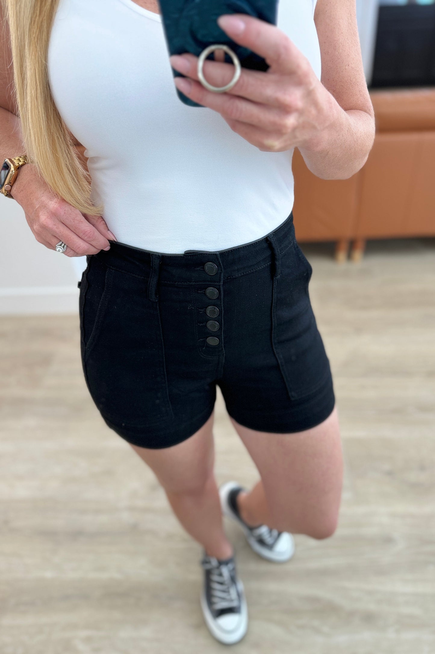 Reagan High Rise Button Fly Trouser Shorts - KD Lane