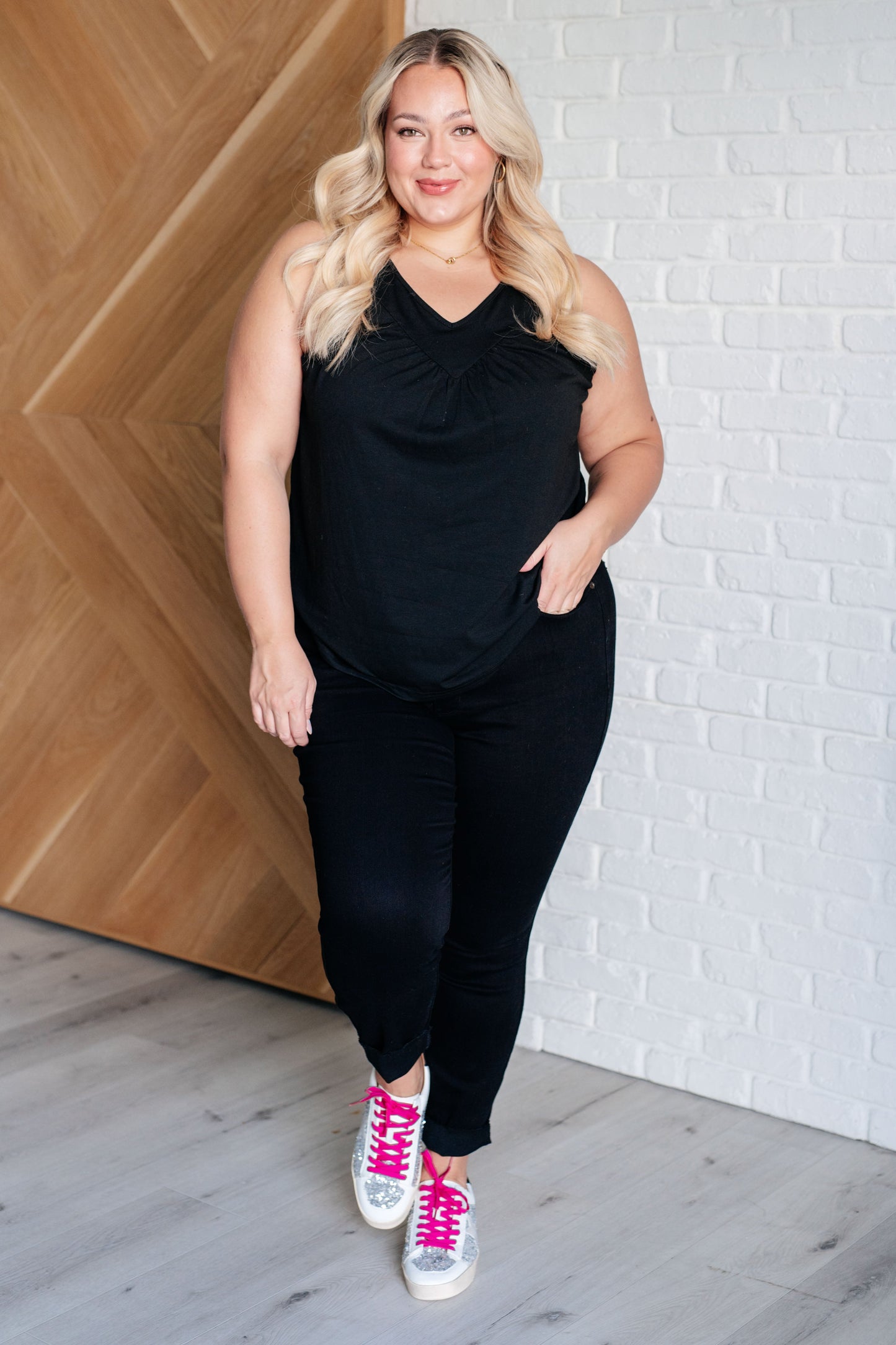 Not So Anxious V-Neck Tank in Black - KD Lane