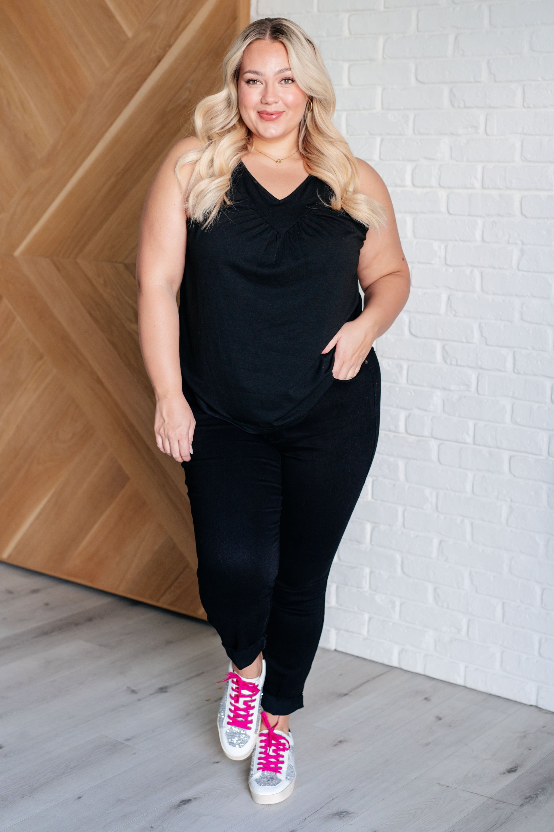 Not So Anxious V-Neck Tank in Black - KD Lane