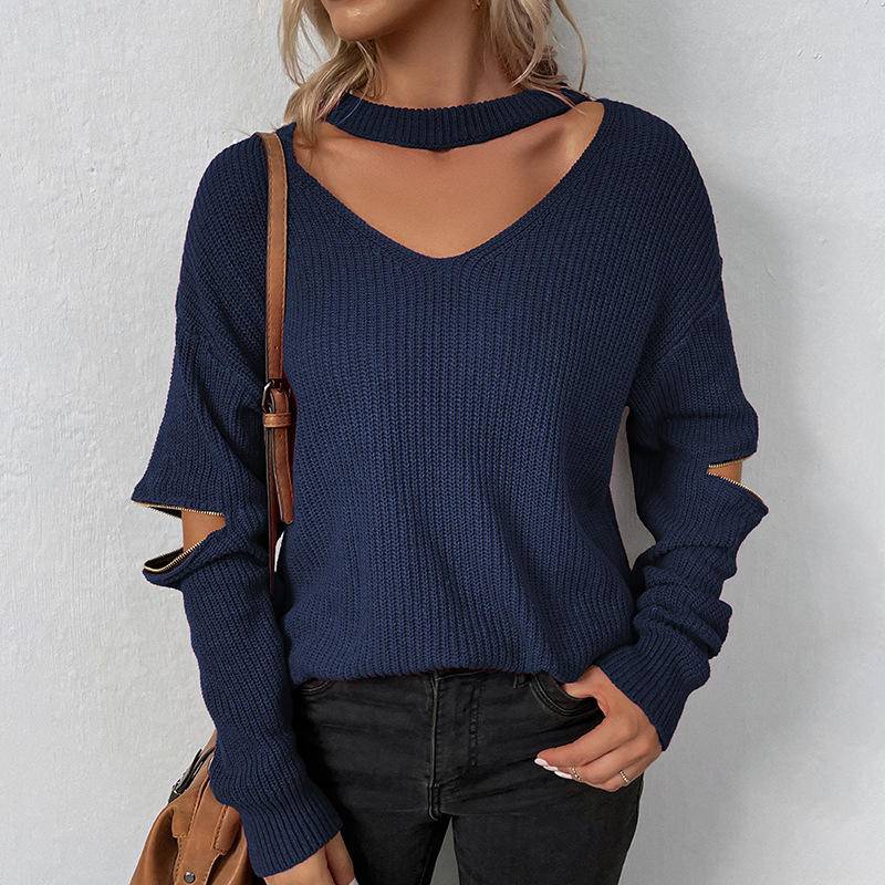 Solid Halter Cut Out Zipper Sleeve Knit Sweater