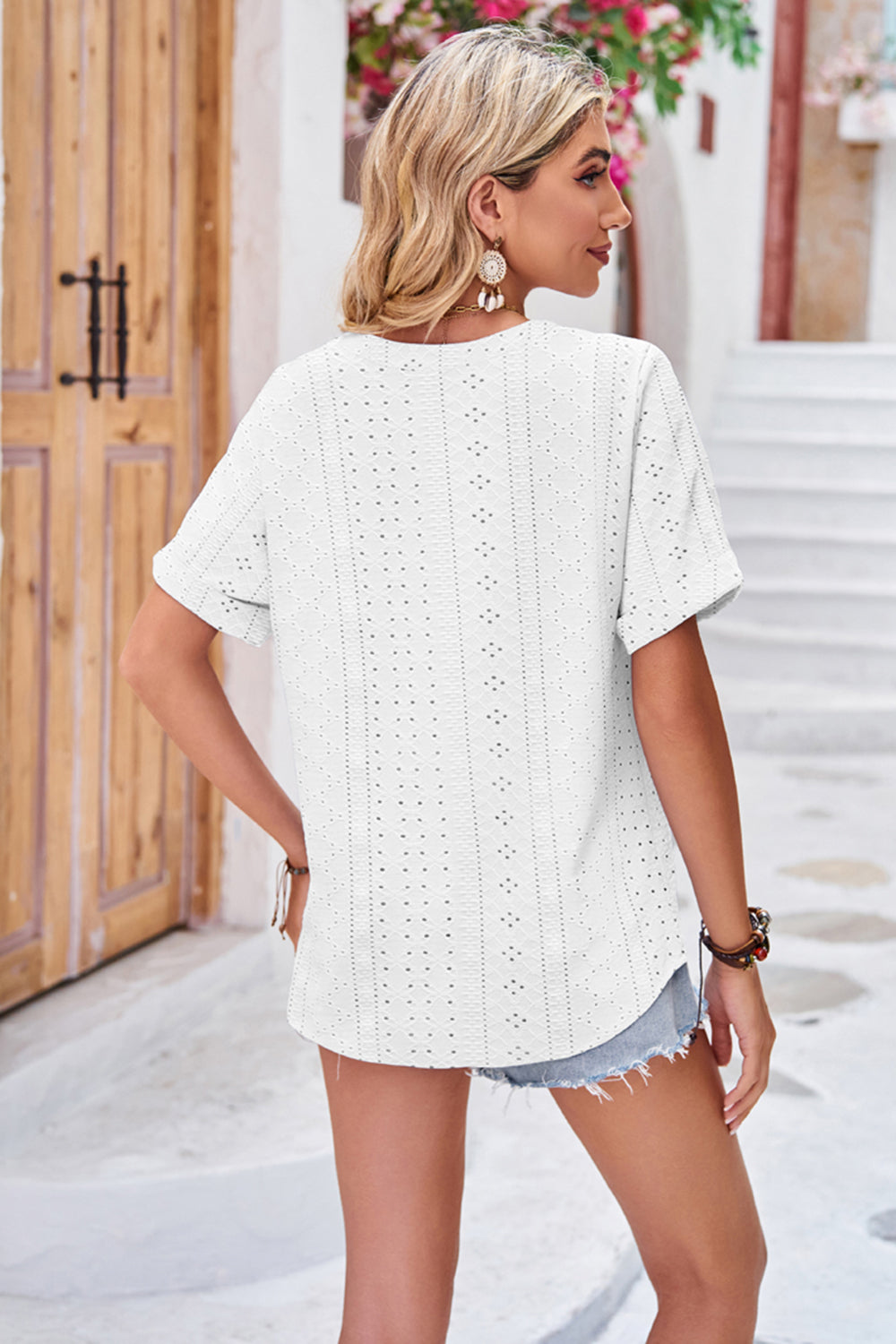 Buttoned Notched Neck Eyelet Top