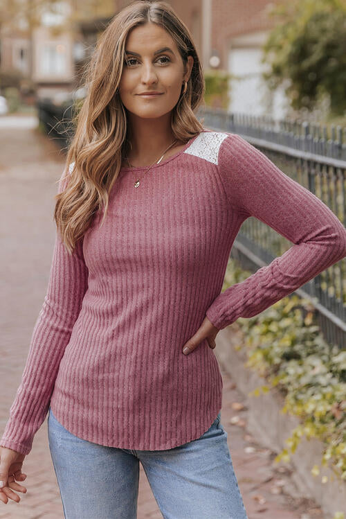 Ribbed Lace Detail Long Sleeve Knit Top