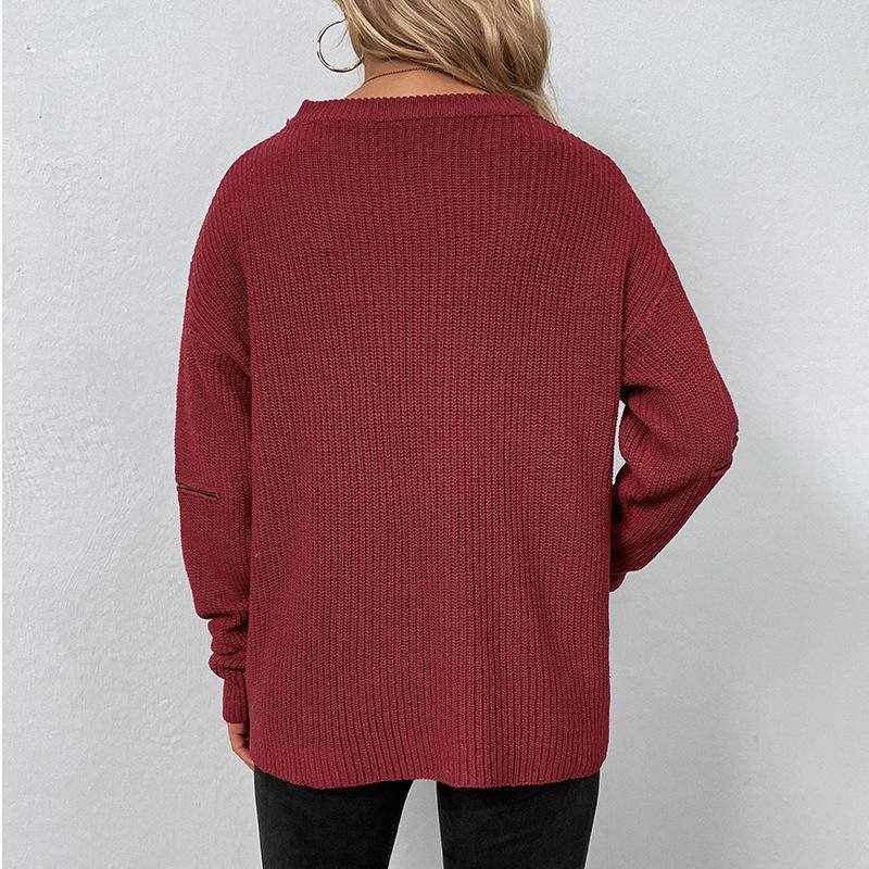 Solid Halter Cut Out Zipper Sleeve Knit Sweater
