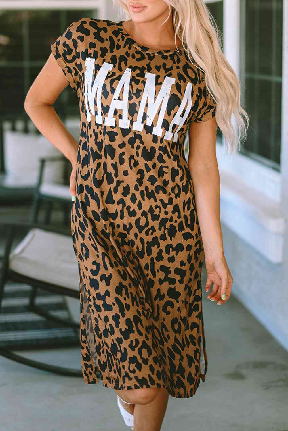 MAMA Leopard Slit Short Sleeve Dress