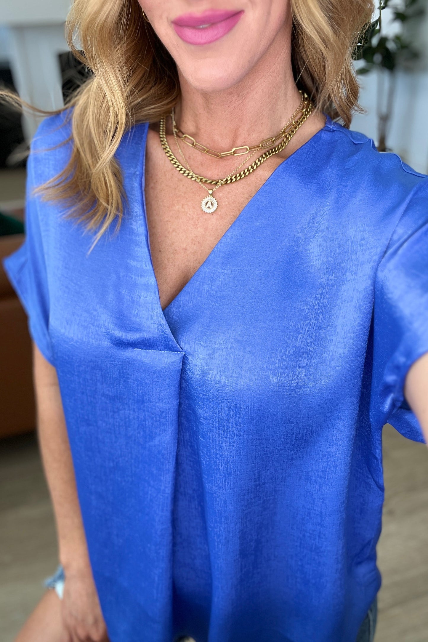 Pleat Front V-Neck Top in Royal Blue - KD Lane