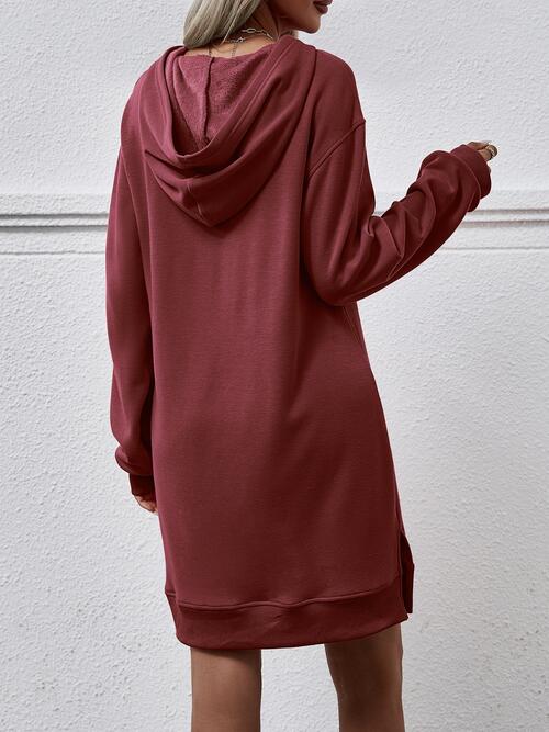 Slit Long Sleeve Hooded Dress with Pocket