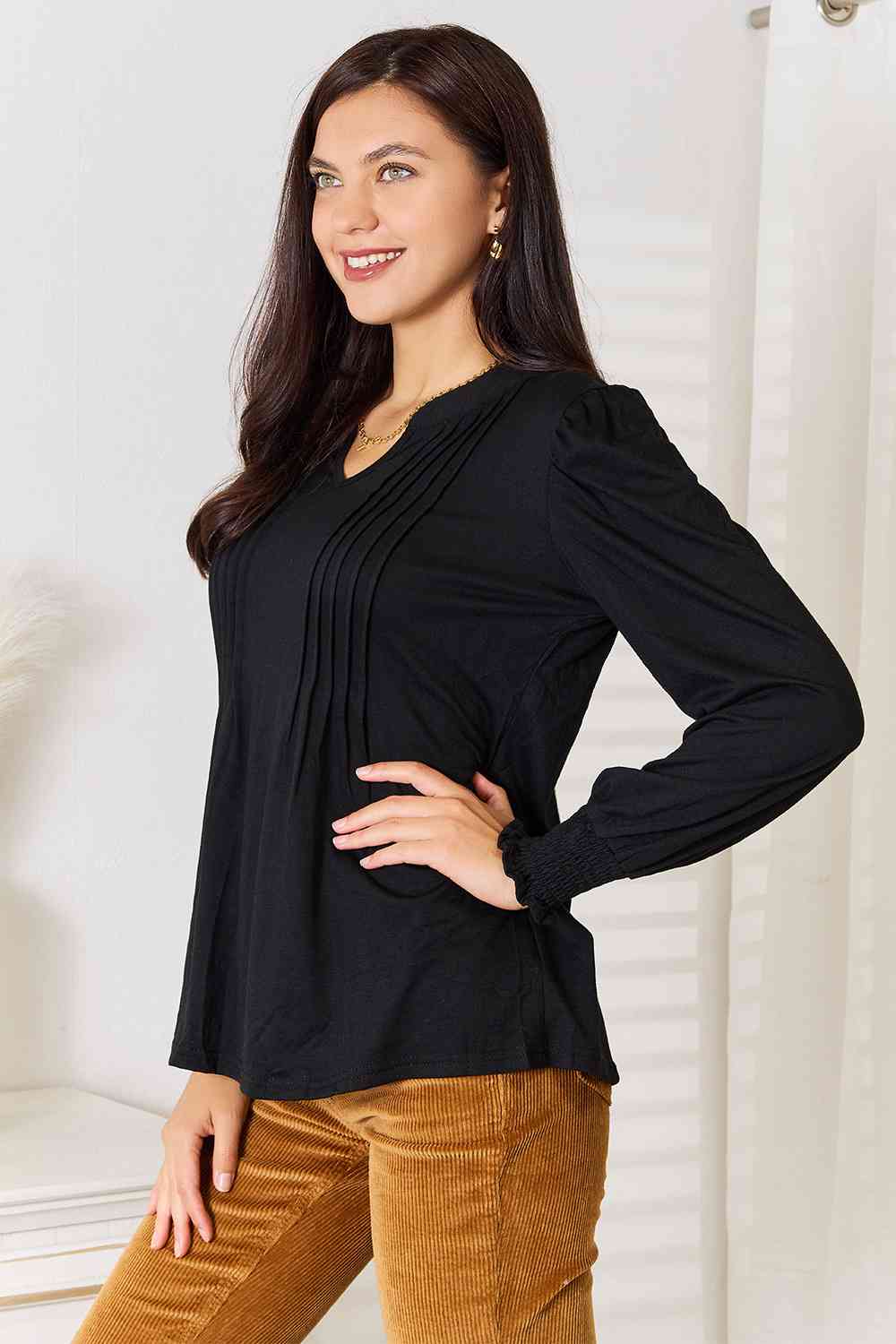 Double Take Ruched Notched Neck Puff Sleeve Blouse