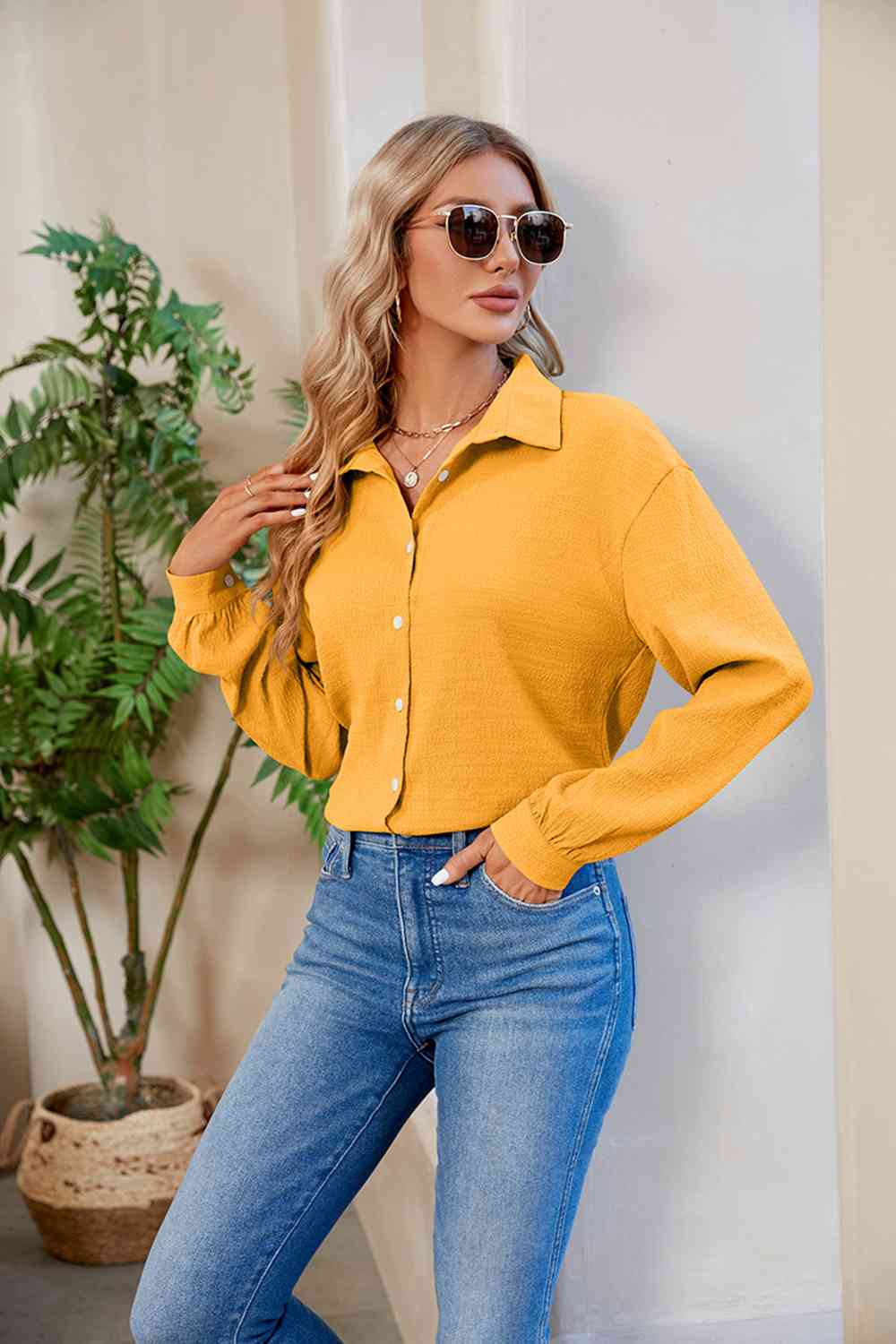 Collared Neck Buttoned Long Sleeve Shirt