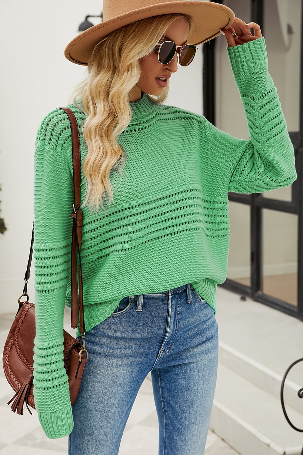Round Neck Opnework Long Sleeve Pullover Sweater
