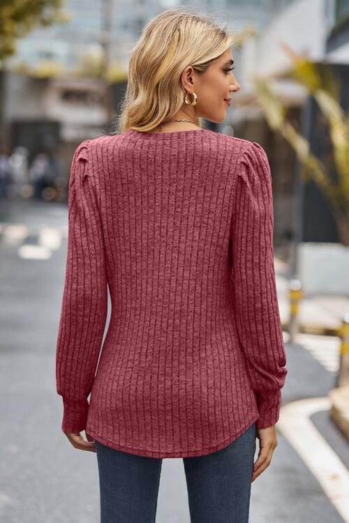 Ribbed Round Neck Long Sleeve Knit Top
