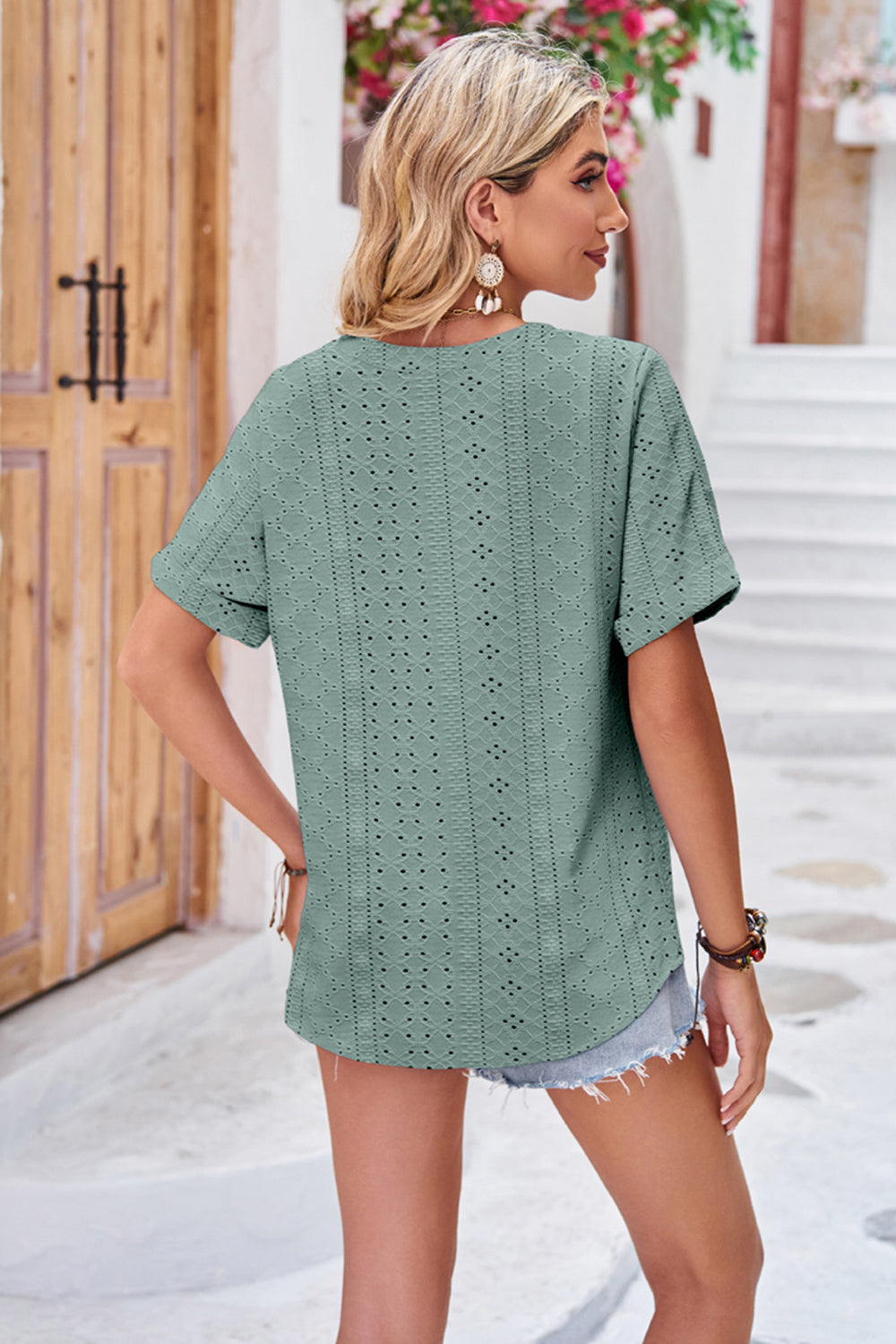 Buttoned Notched Neck Eyelet Top