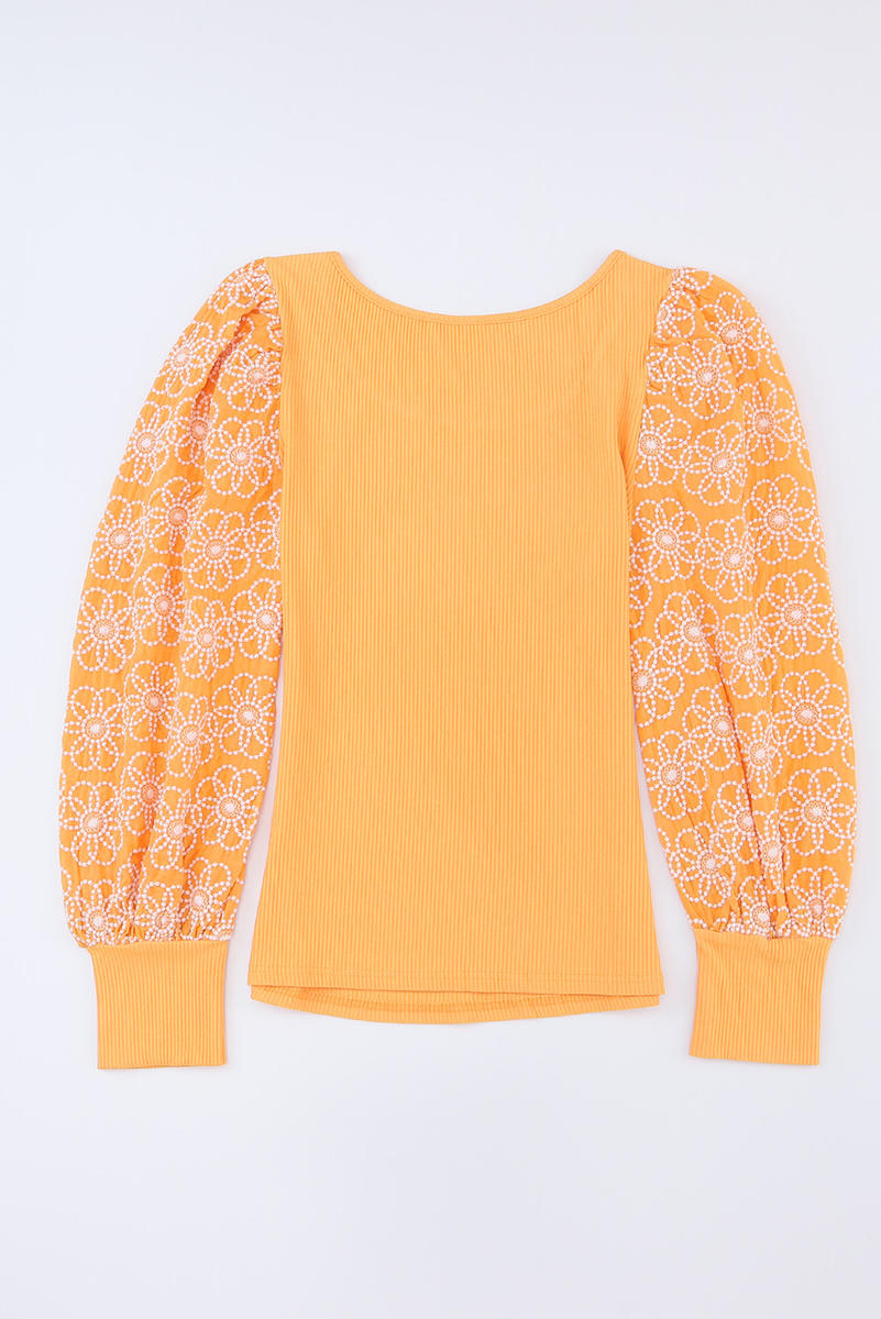 Flower Puff Sleeve Ribbed Knit Top